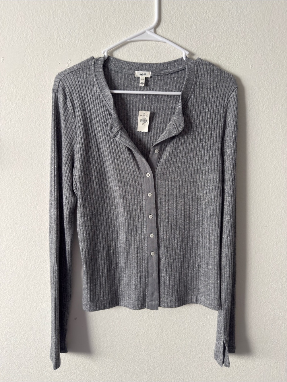 aerie Gray Ribbed Button-Front Long Sleeve Top
